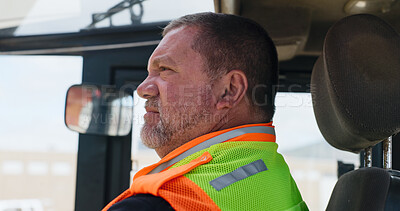 Buy stock photo Logistics, driver and man in truck for supply chain, distribution and profile with goods and shipping. Stock, transport and mature person in vehicle for shipment, industrial delivery and freight