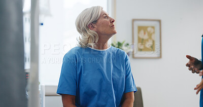 Buy stock photo Medical, explaining or woman in hospital with checkup, diagnosis or assessment in post surgery. Healthcare, mature person or doctor with consultation, patient review or help in operation results.