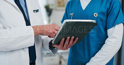 Buy stock photo Hands, healthcare or tablet with doctor and nurse in hospital for feedback, review or training. App, conversation or internship with student and medical person in clinic for advice or coaching