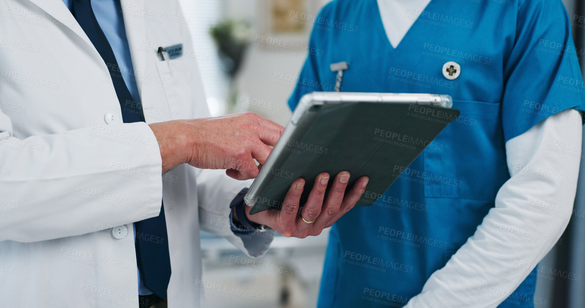 Buy stock photo Hands, healthcare or tablet with doctor and nurse in hospital for feedback, review or training. App, conversation or internship with student and medical person in clinic for advice or coaching