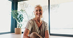 Happy, yoga and portrait of senior woman in studio for calm, wellness and health with exercise. Smile, fitness and elderly female person with positive attitude for pilates or meditation in morning.