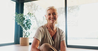Buy stock photo Happy, yoga and portrait of senior woman in studio for calm, wellness and health with exercise. Smile, fitness and elderly female person with positive attitude for pilates or mindfulness in morning.