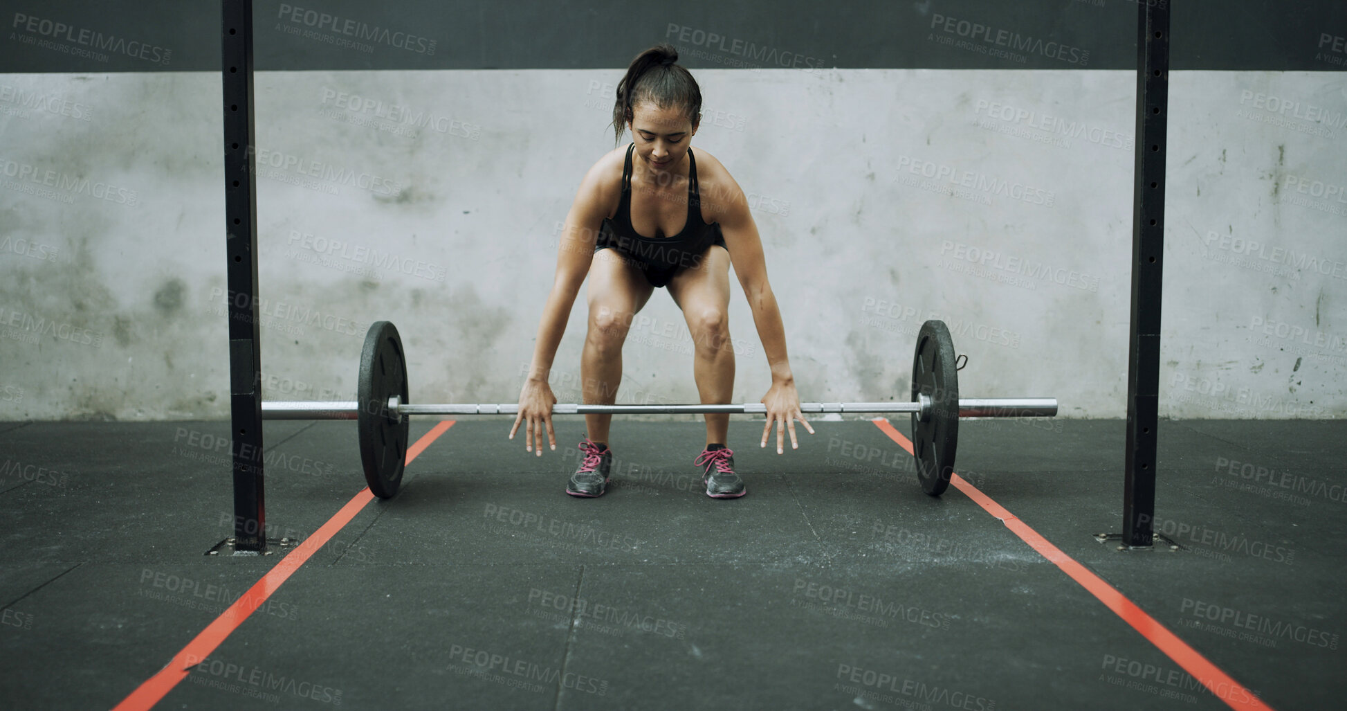 Buy stock photo Athlete, fitness and woman with barbell, gym and workout routine for muscle development or wellness. Person, training and bodybuilder with endurance for exercise and weightlifting in health club