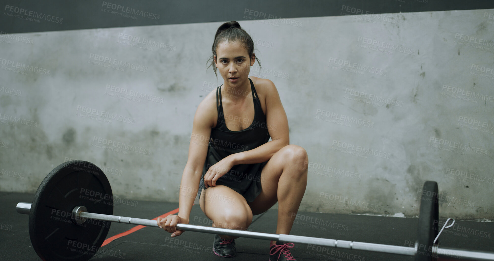 Buy stock photo Portrait, workout and woman with barbell, gym and fitness routine for muscle development or wellness. Person, training and bodybuilder with endurance for exercise and weightlifting in health club