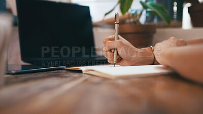 Buy stock photo Notes, checklist or hands in nursery with laptop, stock control or delivery schedule in botanical store. Writing, woman or owner with tech, inventory management or order track in small business.