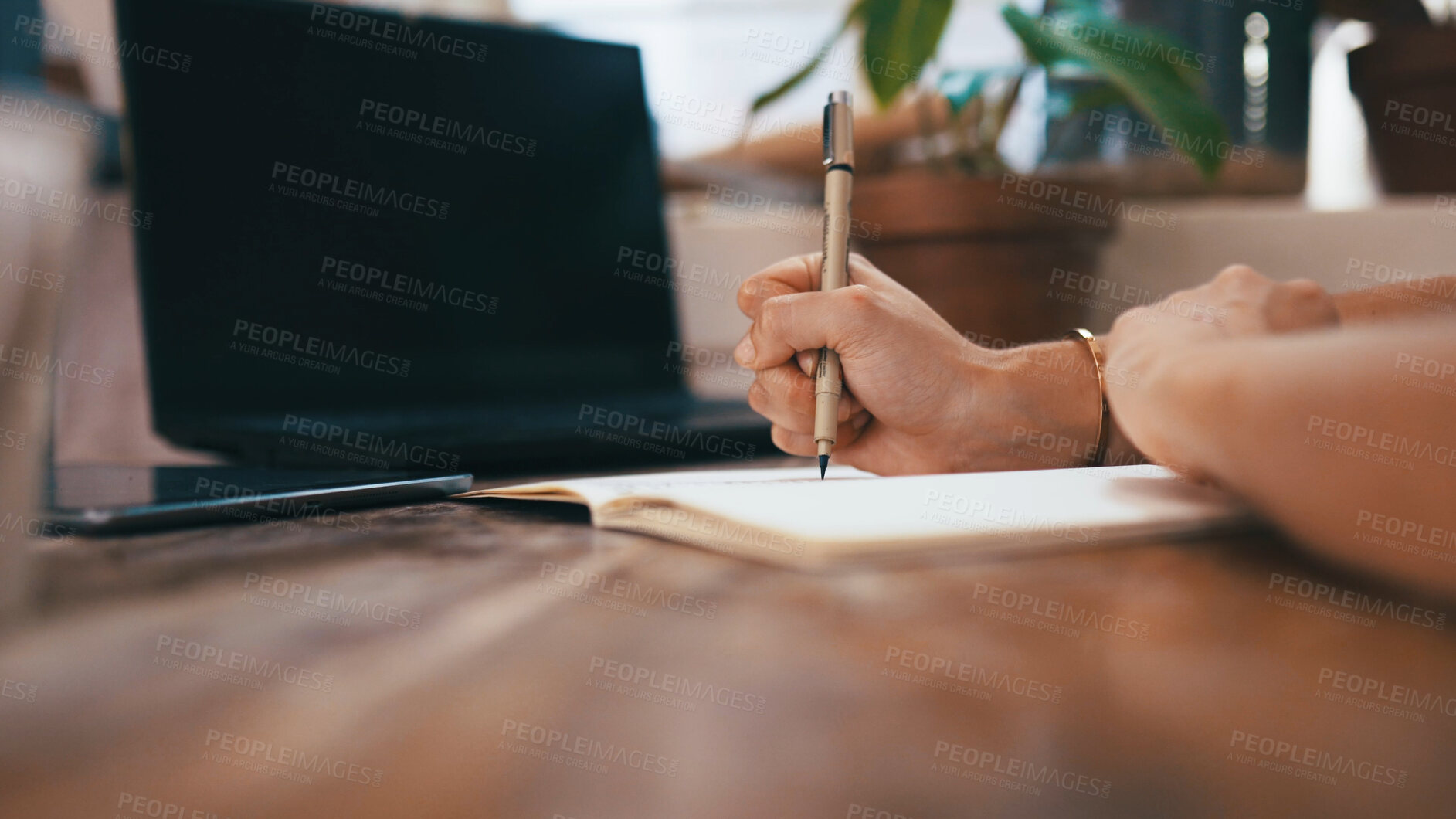 Buy stock photo Notes, checklist or hands in nursery with laptop, stock control or delivery schedule in botanical store. Writing, woman or owner with tech, inventory management or order track in small business.