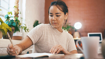 Buy stock photo Writing, research and businesswoman in office with ideas for creative project with agenda. Schedule, planning and Asian female person with reminder for article with publishing at startup agency. 