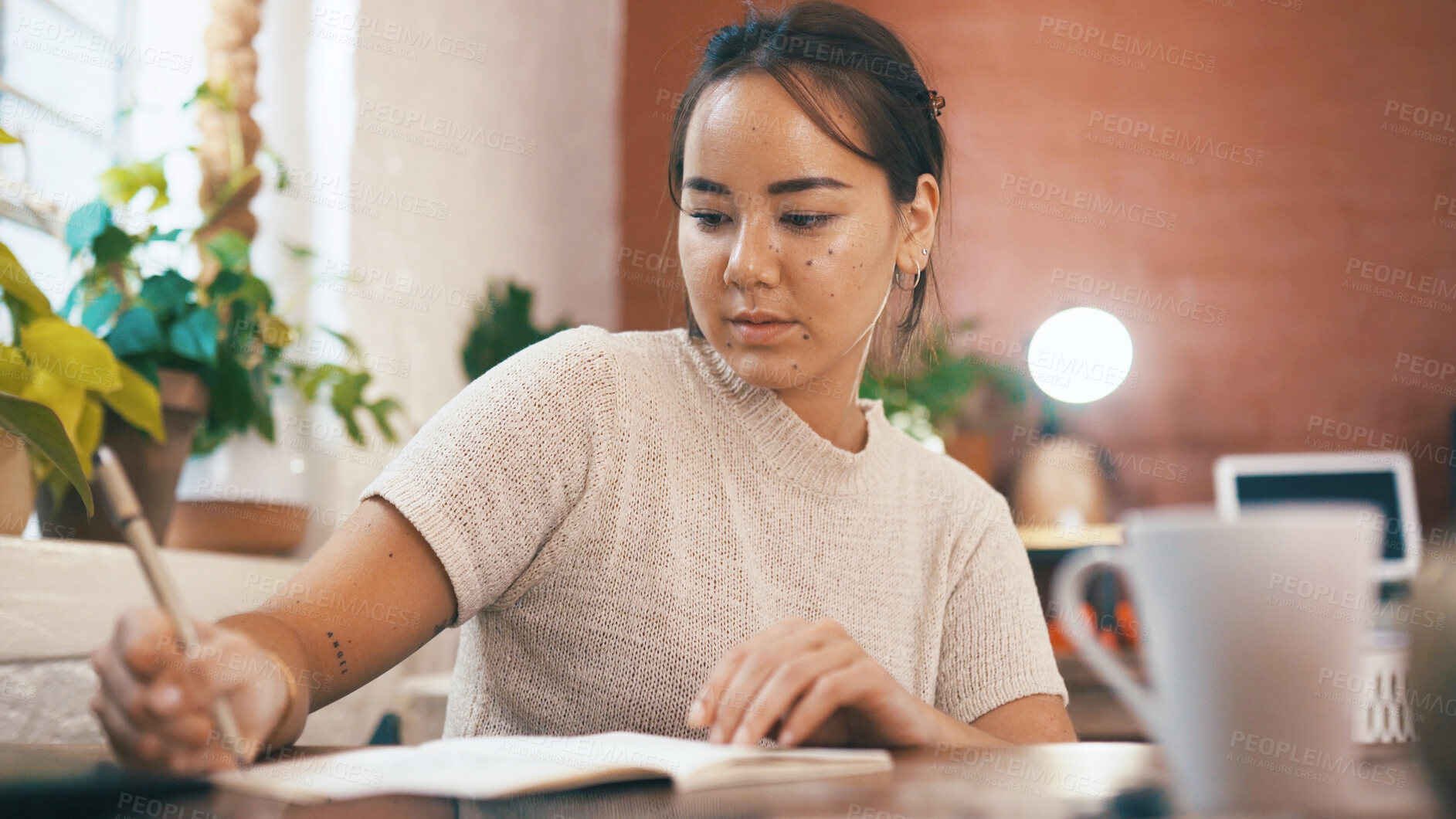 Buy stock photo Writing, research and businesswoman in office with ideas for creative project with agenda. Schedule, planning and Asian female person with reminder for article with publishing at startup agency. 