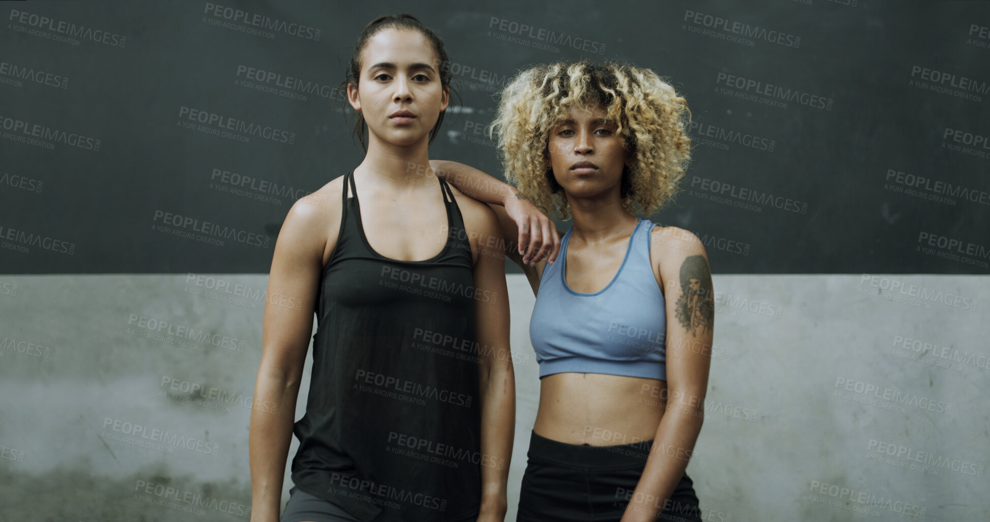 Buy stock photo Fitness, portrait and space with woman friends in gym together for commitment or dedication. Confidence, exercise and proud with serious athlete people in health club for training or workout