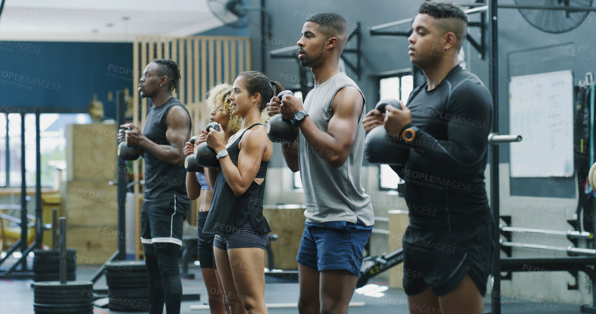 Buy stock photo Exercise, kettlebell and row with people in gym together for class, course or training routine. Fitness, power and weightlifting with athlete group on floor in health club for challenge or workout