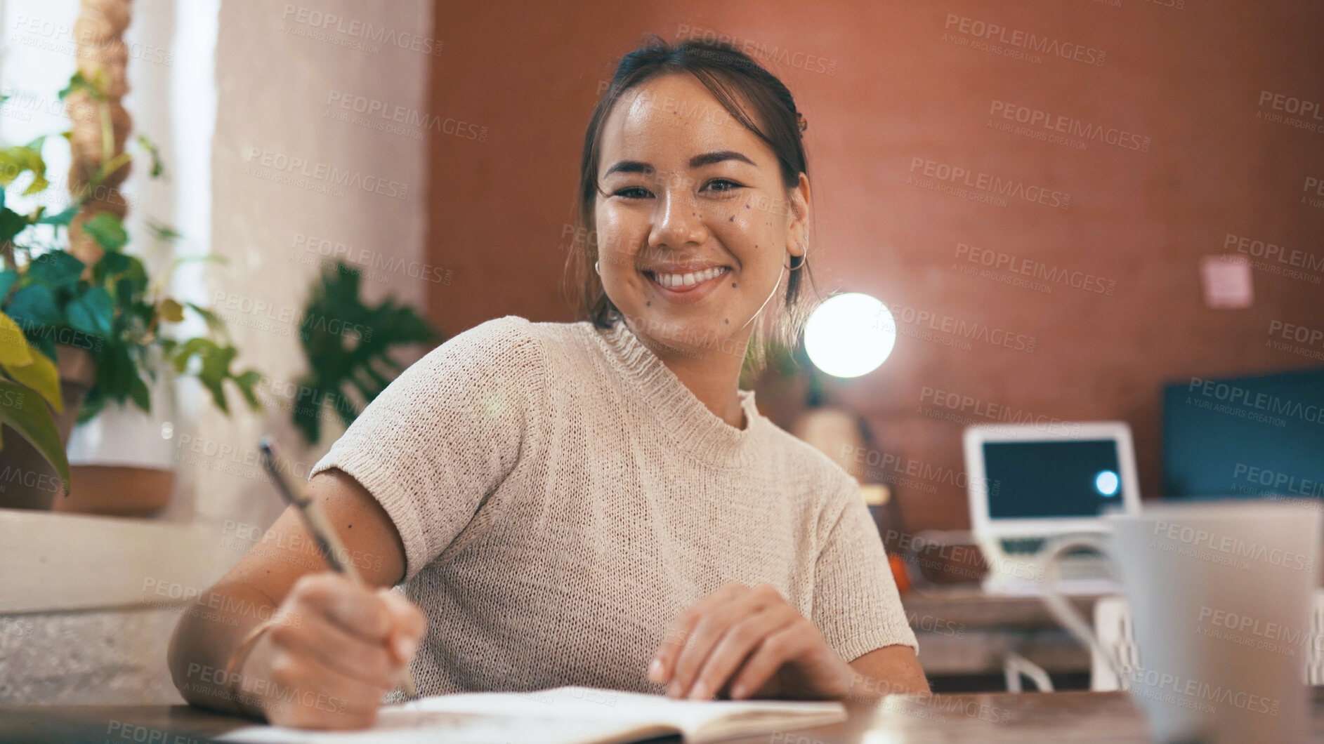 Buy stock photo Happy, portrait or woman in nursery with writing, stock control or delivery schedule in botanical store. smile, plants or florist with note, inventory management or order checklist in small business.