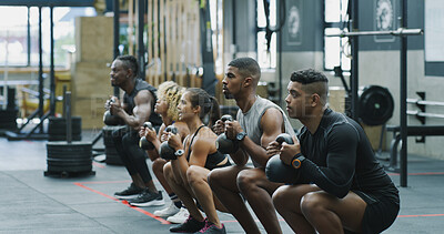 Buy stock photo Fitness, kettlebell and row with people in gym together for class, course or training routine. Equipment, exercise and weightlifting with athlete group on floor in health club for workout challenge
