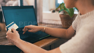 Buy stock photo Debit card, laptop and hands of woman in office with buying supplies for startup business. Computer, credit and female person with technology for online shopping, ecommece or purchase for company.