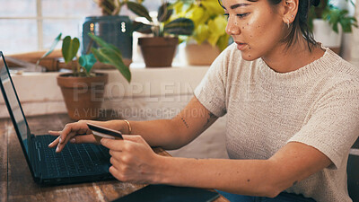 Buy stock photo Debit card, entrepreneur or woman with laptop for online shopping, pottery material order or purchase. Payment, ceramic shop or business owner with pc for ecommerce, typing info or clay supplies