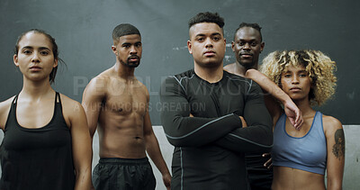 Buy stock photo Fitness, portrait and serious friends in gym for commitment, dedication or training results. Development, exercise and proud with group of confident athlete people in health club for workout benefits