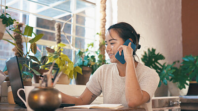 Buy stock photo Pottery, startup and woman with laptop, phone call or communication with contact for sculpture order. Happy, entrepreneur and person with mobile for chat, online and clay delivery updates on website