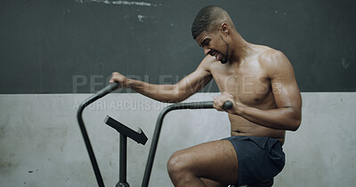 Buy stock photo Gym, fitness and athlete on exercise bike for cardio workout, strength training or muscular endurance. Sweat, african man and intense challenge on stationary bicycle for burning calories and stamina