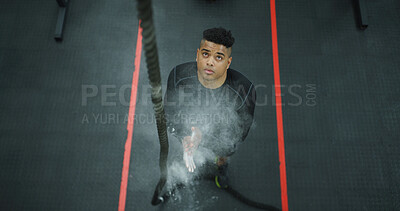 Buy stock photo Rope, man and gym chalk for fitness, workout or preparation for climbing from above with space. Powder, sports and person clap in club to start training, exercise or getting ready with dust for grip