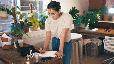 Buy stock photo Artisan, writing and woman with notebook, startup and planning for ceramic order and stock inventory. Small business, notes and person with journal for clay supply, art and pottery delivery schedule