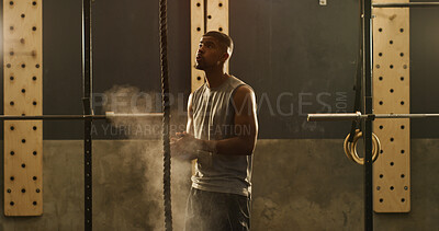 Buy stock photo Thinking, man and chalk with rope at gym for fitness, climbing exercise and weightlifting. Thoughts, male person and powder on hands with equipment, strength training and grip for endurance challenge