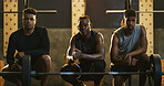 Exercise, portrait and weight training with men in gym together for commitment or dedication. Banner, barbell and fitness with group of serious friends in dark health club for challenge or workout
