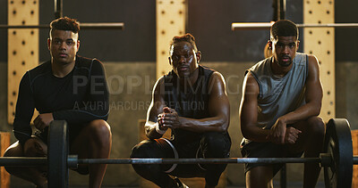 Buy stock photo Exercise, portrait and weight training with men in gym together for commitment or dedication. Banner, barbell and fitness with group of serious friends in dark health club for challenge or workout