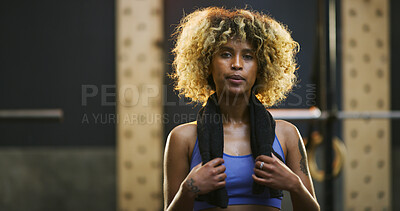 Buy stock photo Portrait, fitness and woman with towel for gym training, workout break and commitment for body goals. Exercise routine, sweat cloth or athlete with rest for wellness, bodybuilding pause or sport club
