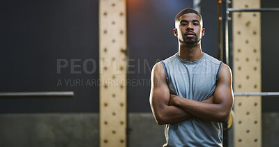 Buy stock photo Crossed arms, fitness and portrait of black man in gym for weightlifting, workout or training. Space, serious and African person with pride for bodybuilding, challenge or exercise in sports center.