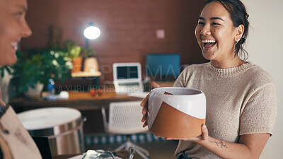 Buy stock photo Customer service, shopping and woman laugh with pottery in small business, decision or retail advice. People, ceramics store and owner with client for sale, funny joke or choice for vase in startup