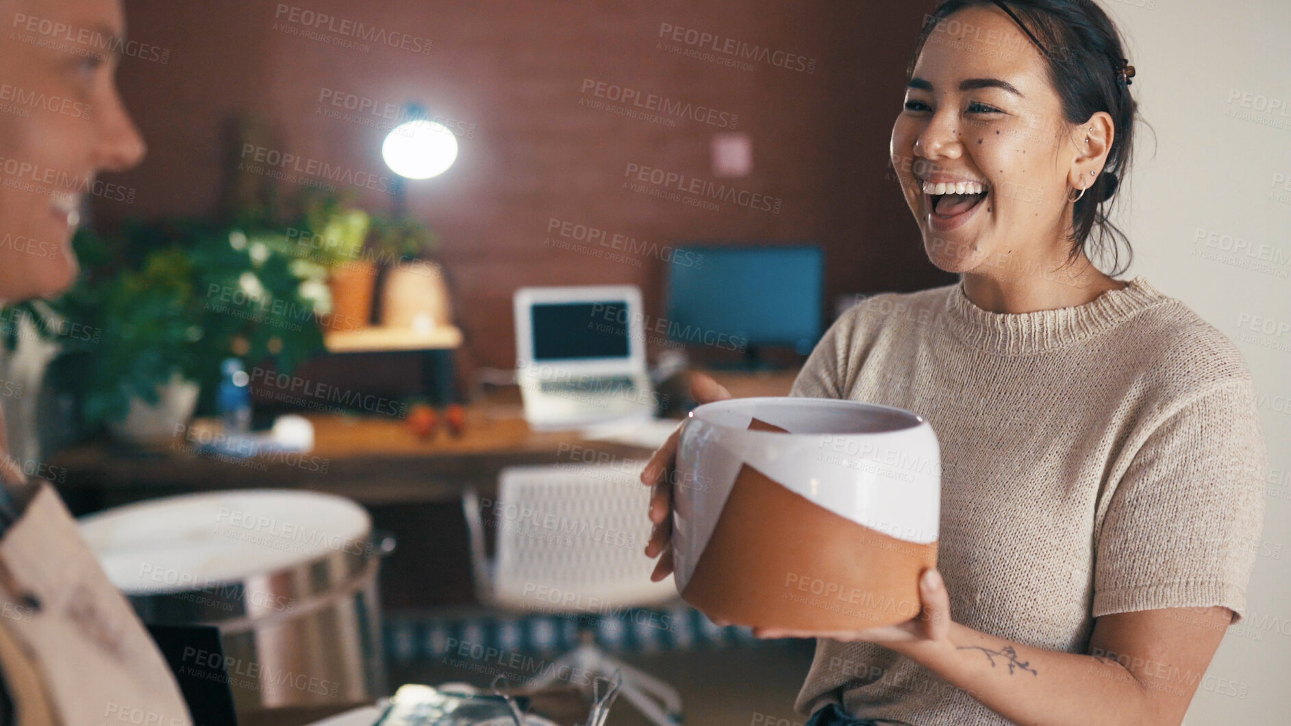 Buy stock photo Customer service, shopping and woman laugh with pottery in small business, decision or retail advice. People, ceramics store and owner with client for sale, funny joke or choice for vase in startup