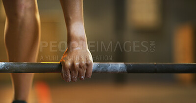 Buy stock photo Hands, powder and barbell with exercise at gym for fitness, gear and strength training. Person, body builder and chalk for grip on floor with equipment for weightlifting, workout or safety at studio