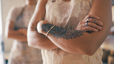 Buy stock photo Tattoo, boho and arms crossed in store with confidence, artwork or folk aesthetic in design. Illustration, pride and woman in shop with forearm ink, bohemian style or paisley line work in body art.