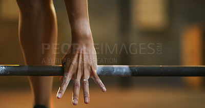 Buy stock photo Hands, powder and barbell on floor at gym for fitness, gear and strength training. Person, body builder and chalk for grip with exercise equipment for weightlifting, workout and muscle at studio