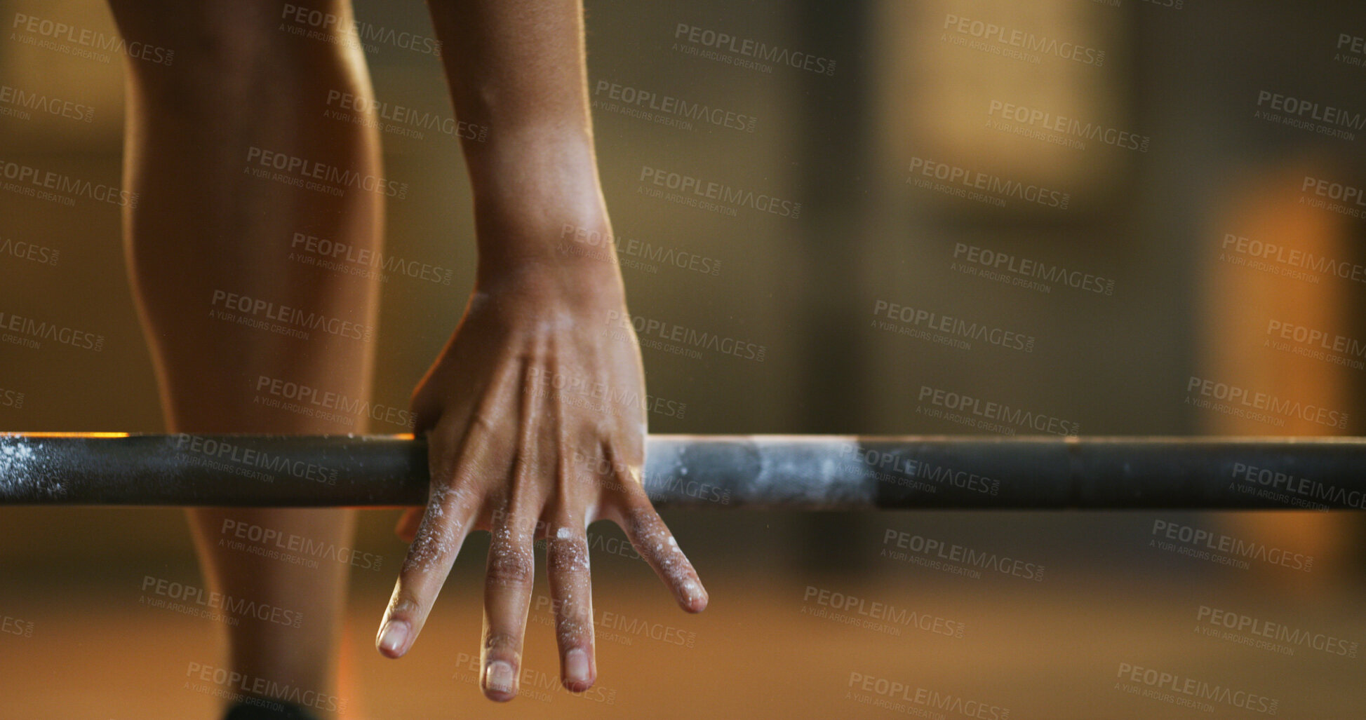 Buy stock photo Hands, powder and barbell on floor at gym for fitness, gear and strength training. Person, body builder and chalk for grip with exercise equipment for weightlifting, workout and muscle at studio