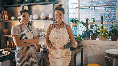 Buy stock photo Portrait, people and smile at small business for pottery with career pride, about us and ceramic. Happy, women and team with ambition, manufacturing experience and production skills for sculpture