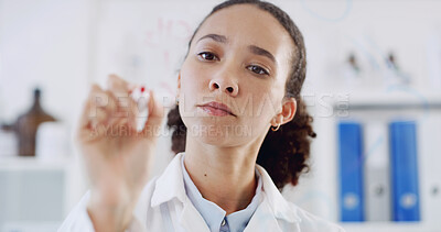 Buy stock photo Scientist, woman and writing in lab with glass, formula and problem solving for medical research. Person, notes or science diagram on board with plan, chemical structure or idea for healthcare study.