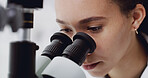 Woman, scientist or research with microscope for exam, medical test or forensic study in laboratory. Female person, doctor and investigation with biotechnology for clinic trial, analysis or pathology