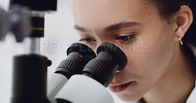 Buy stock photo Woman, scientist or research with microscope for exam, medical test or forensic study in laboratory. Female person, doctor and investigation with biotechnology for clinic trial, analysis or pathology