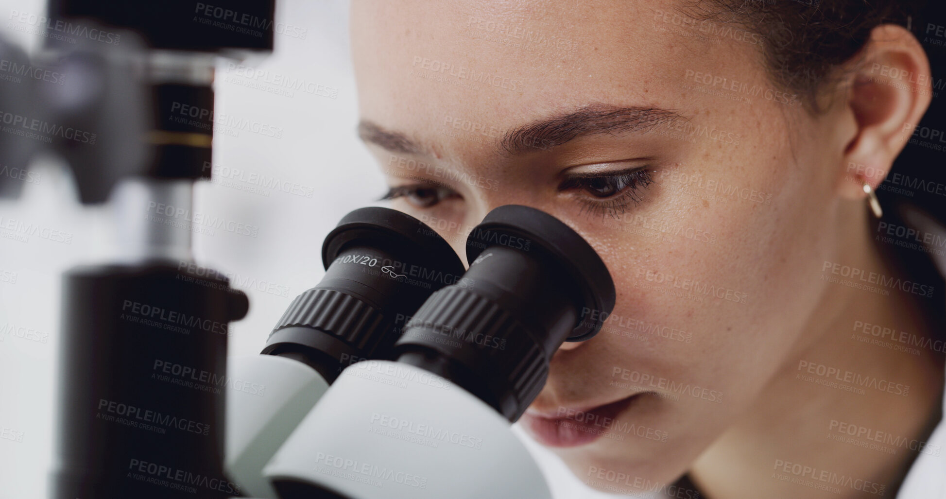 Buy stock photo Woman, scientist or research with microscope for exam, medical test or forensic study in laboratory. Female person, doctor and investigation with biotechnology for clinic trial, analysis or pathology