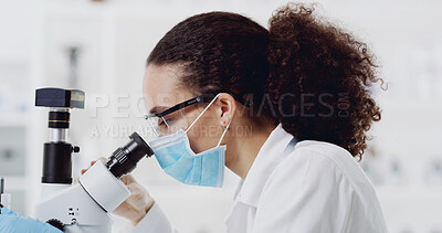 Buy stock photo Woman, scientist or microscope with face mask for exam, medical test or forensic study in laboratory. Female person, doctor or investigation with biotechnology for clinic trial, analysis or pathology