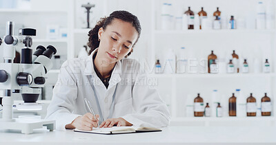Buy stock photo Science, notebook or expert in lab with test, info recording or research results in experiment. Medical, woman or scientist with writing, investigation report or study checklist in clinical trial.