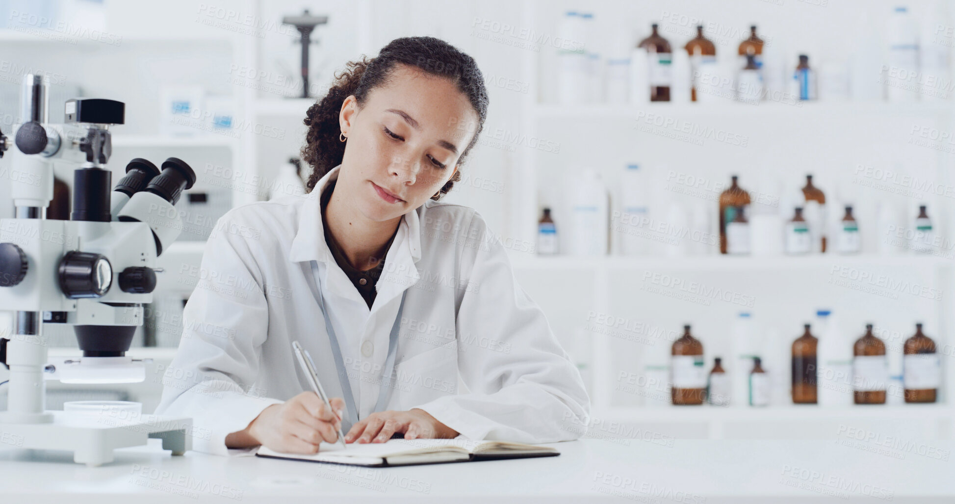 Buy stock photo Science, notebook or expert in lab with test, info recording or research results in experiment. Medical, woman or scientist with writing, investigation report or study checklist in clinical trial.
