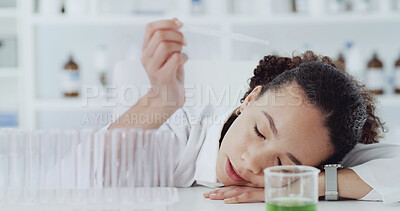 Buy stock photo Tired, woman and scientist sleeping in lab for research, medical experiment and exhaustion. Fatigue, female person and nap for work burnout, chemistry testing and overworked for vaccine development