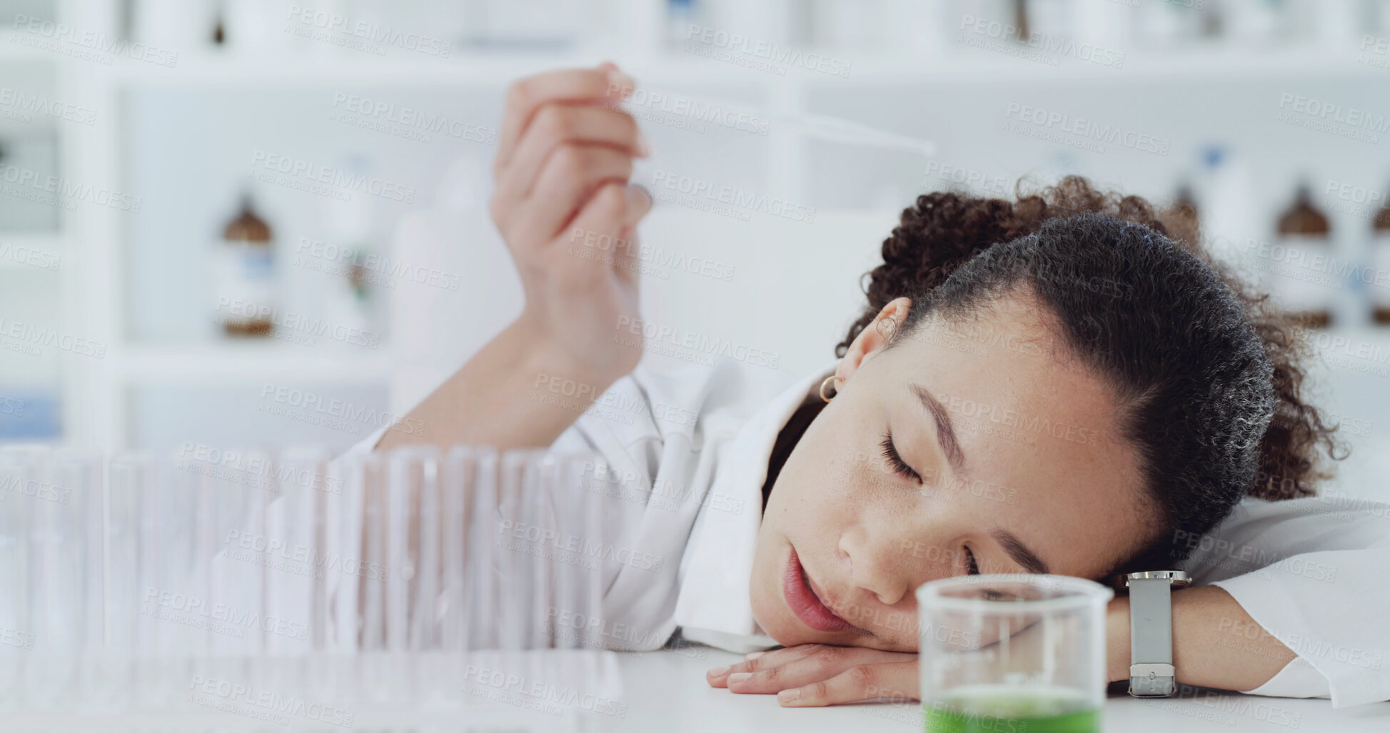 Buy stock photo Tired, woman and scientist sleeping in lab for research, medical experiment and exhaustion. Fatigue, female person and nap for work burnout, chemistry testing and overworked for vaccine development