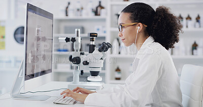 Buy stock photo Earphones, science and woman with computer in lab for research, vaccine development or typing. Music, scientist or person with tech for medical innovation, pharma study or listen to audio with screen