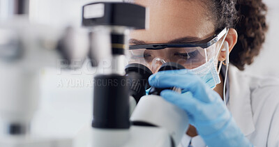 Buy stock photo Woman, scientist or microscope with face mask in laboratory for exam, medical test or forensic study. Female person, doctor or investigation with biotechnology for clinic trial, analysis or pathology