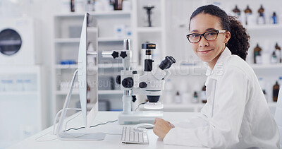 Buy stock photo Woman, scientist and smile with computer at lab for medical research, portrait and confidence at job. Person, glasses and happy with pharmaceutical study, pc and vaccine development in Colombia