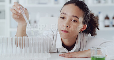 Buy stock photo Scientist, dropper and woman with test tube, chemical and pathology study in laboratory for education. Biotechnology, medical research and pipette for solvent project, experiment or synthesis