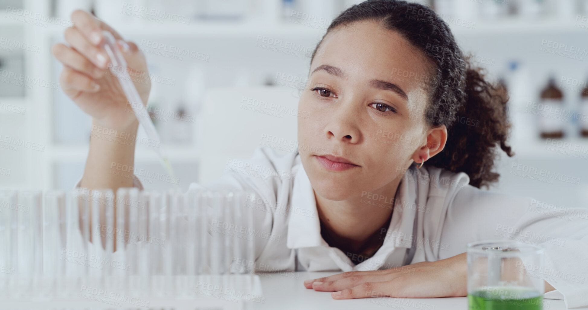 Buy stock photo Scientist, dropper and woman with test tube, chemical and pathology study in laboratory for education. Biotechnology, medical research and pipette for solvent project, experiment or synthesis