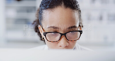 Buy stock photo Woman, scientist and computer with glasses at lab for review, report or insight for medical research. Person, pc and perspective with pharmaceutical study, notes and feedback for vaccine development